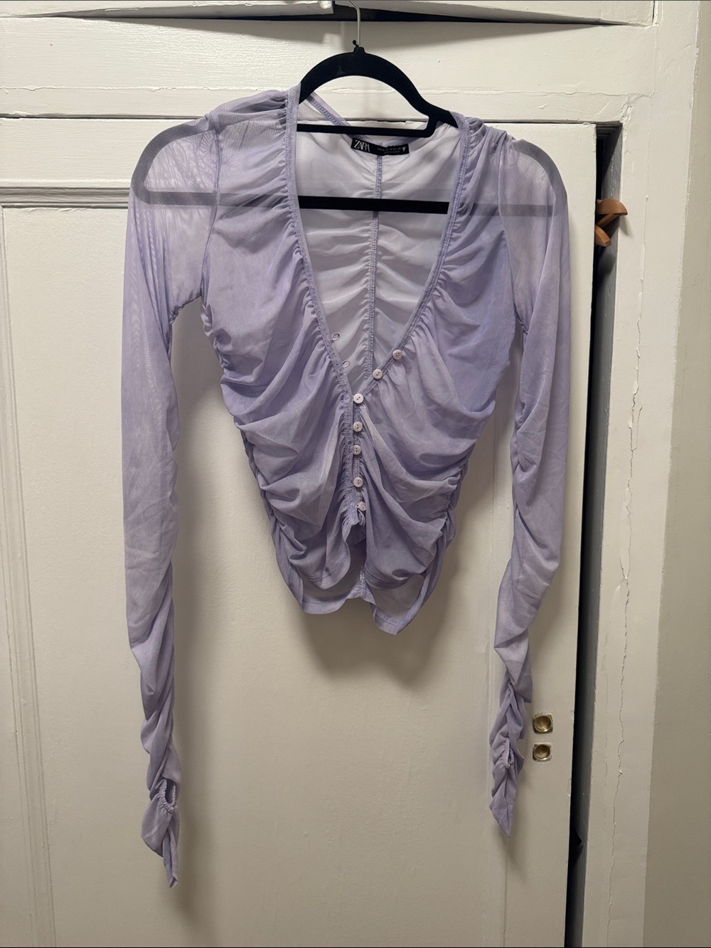 Zara Light Lavender Ruched Mesh Long-Sleeve Top